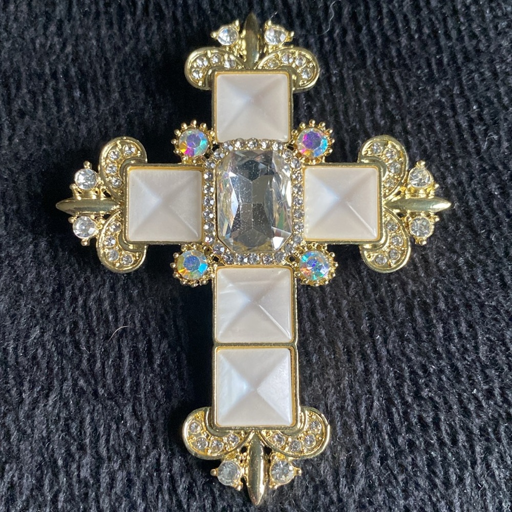 Goldtone Cross Brooch Iridescent Vintage Style Medieval French Style - Picture 3 of 4